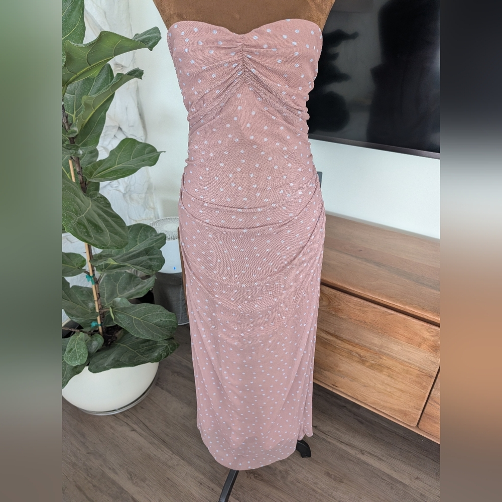 ZARA Ruched Strapless Midi Dress in Nude And Light Blue Polka Dot Size XL